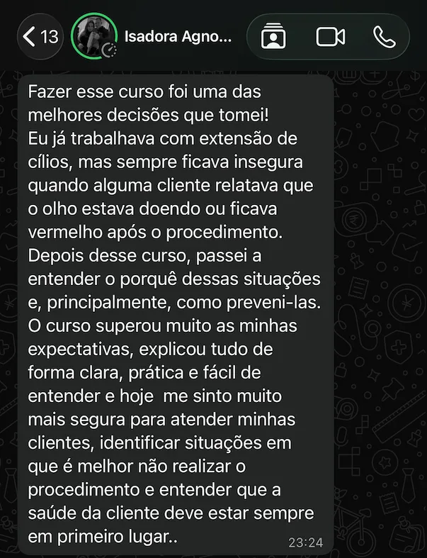 Depoimento de aluna lash designer sobre segurança no atendimento