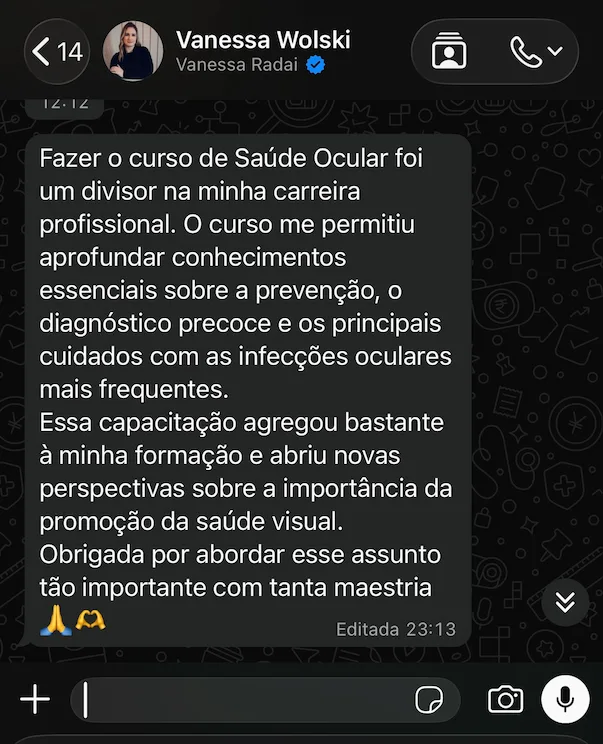 Depoimento de aluna sobre o curso de saúde ocular